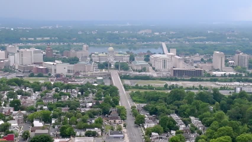 Downtown Harrisburg, Pennsylvania skyline view with drone video parallax wide shot moving in a circle.