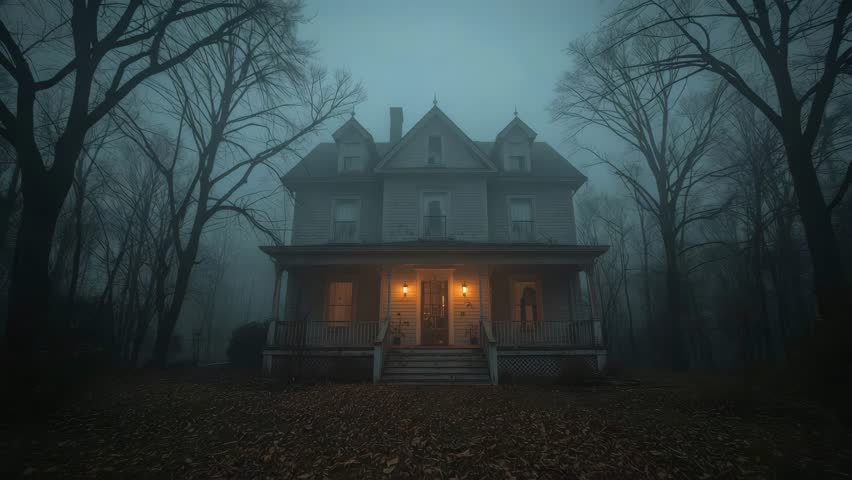 A spooky Victorian-style house surrounded by leafless trees and thick fog during twilight. The dim porch lights create a chilling, mysterious mood.