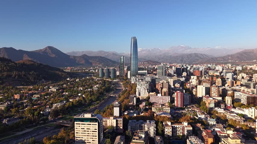 Aerial view of Santiago city skyline with Andes mountains in the background, Chile