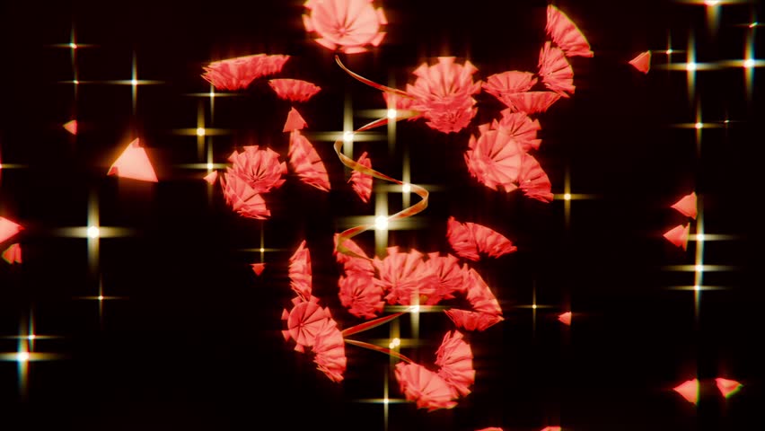 Emerging golden spiral guiding red fan-shaped blossoms into column in black field, with sparkles. Helix, crimson, petals, flowers, vertical, orbit, glow