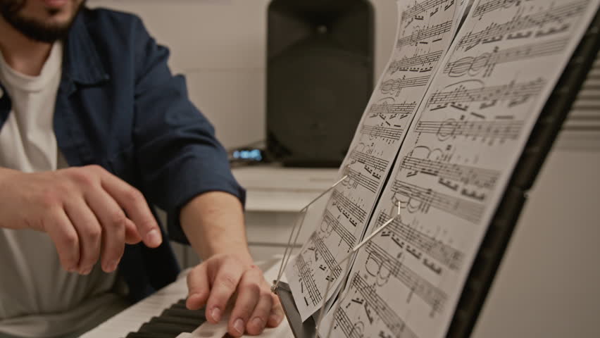 Young Caucasian man pointing at sheet music on stand while teaching piano to African American girl. Perfect for music school promotions and online tutoring advertisements