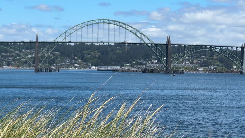 The historic steel arch Yaquina Bay Bridge stretches across calm harbor waters, viewed from a rocky shoreline in Newport, Oregon.