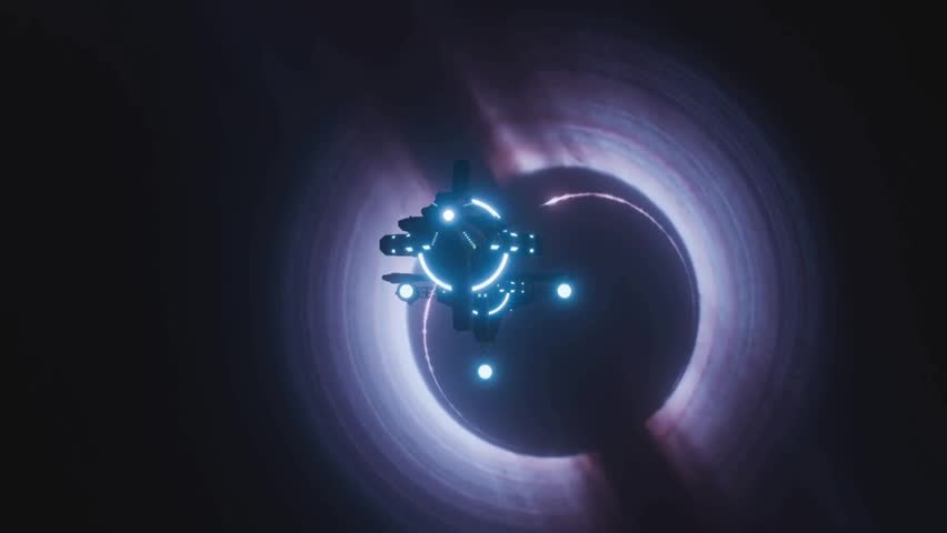 A spaceship flies through a swirling wormhole transitioning into interstellar space with bright blue light trails. The footage depicts a