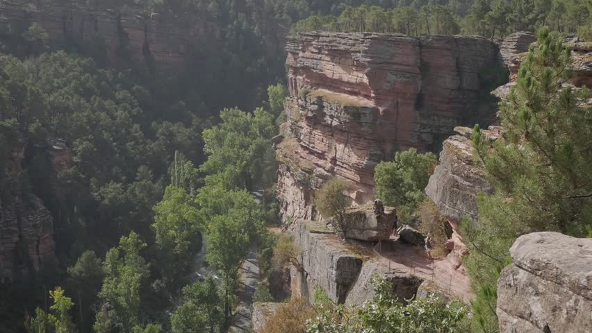 Steep rocky cliffs and dense forested canyon in bright daylight, natural park scenery