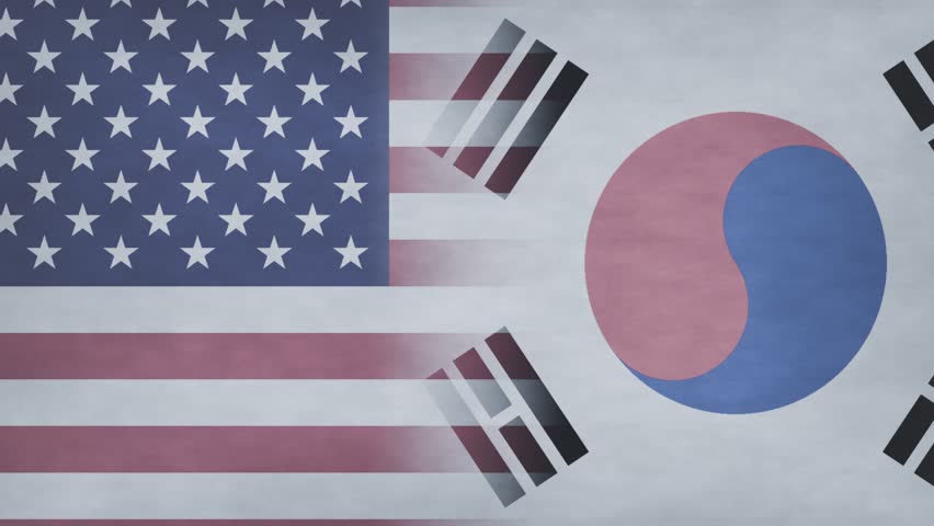 Top-center tear opening, US, South Korea flags splitting, gap forming, showing rift, transparent. Separation, frayed, fabric, texture, motion, banner, studio