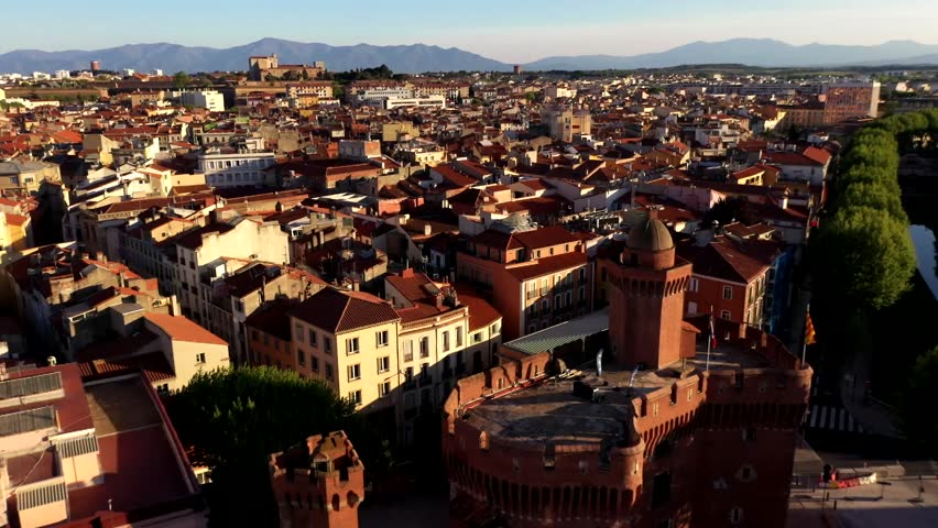 Daytime drone shot of the city of Perpignan