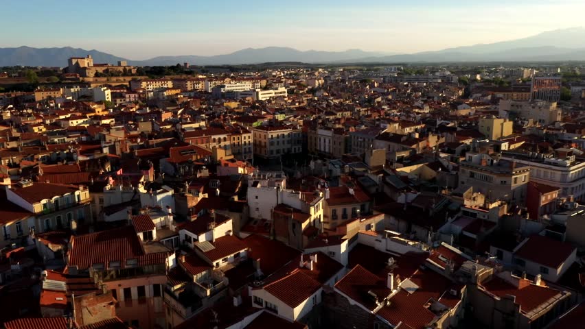 Daytime drone shot of the city of Perpignan