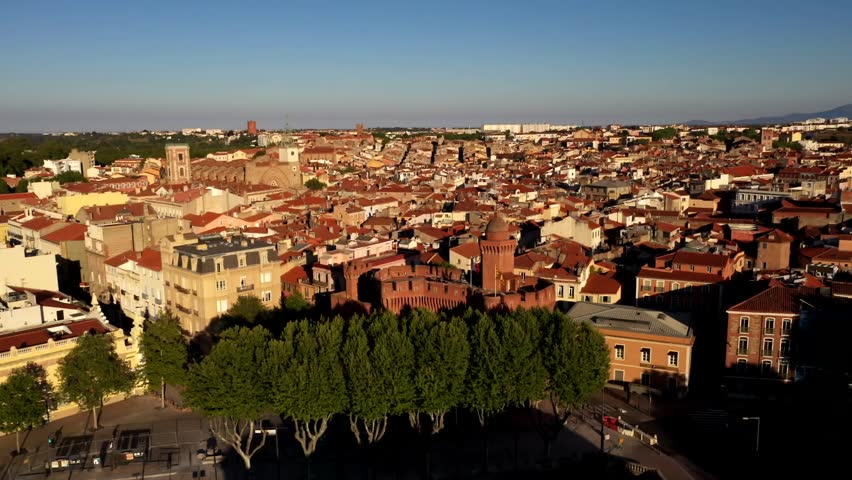 Daytime drone shot of the city of Perpignan
