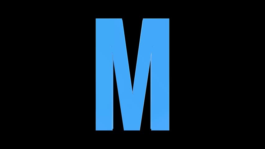 3D Blue Glass English Alphabet Letter M Rotating Animation with Glitter Reflection on Black Background Loop