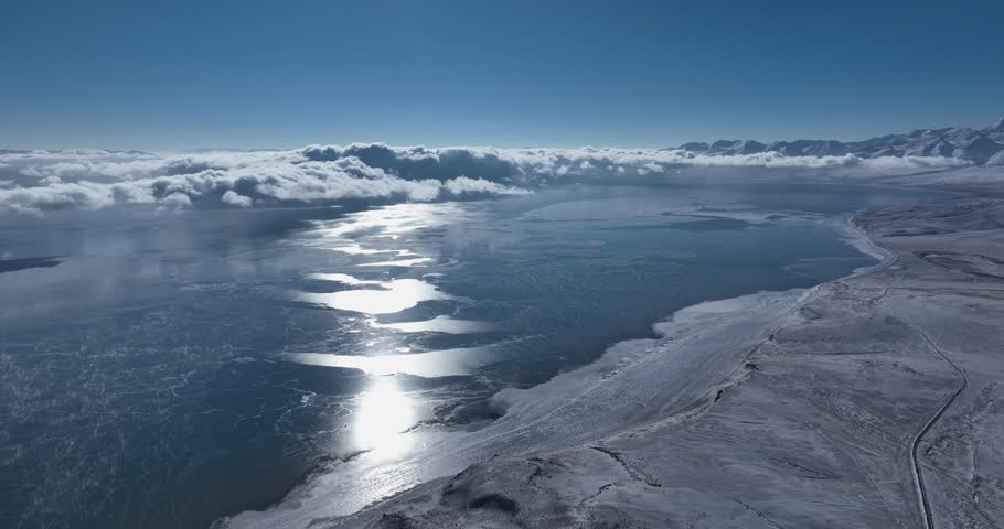 Aerial footage of beautiful frozen lake in Tibet, China