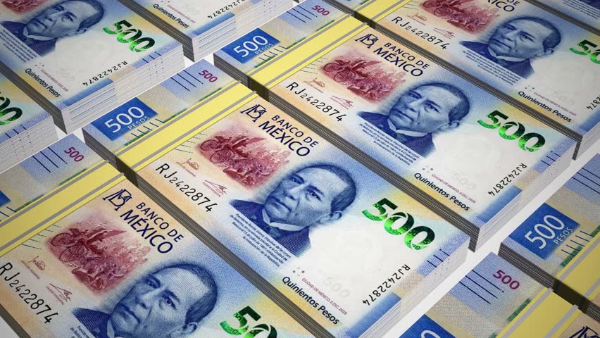 Stacks of 500 MXN or Five Hundred Mexican Peso banknotes or currency. Neat Rows of Mexican 500 Peso Bank note in 3D Motion. 4k Animation.
