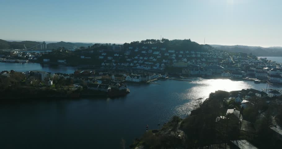Aerial view of coastal town Farsund Norway with waterfront homes