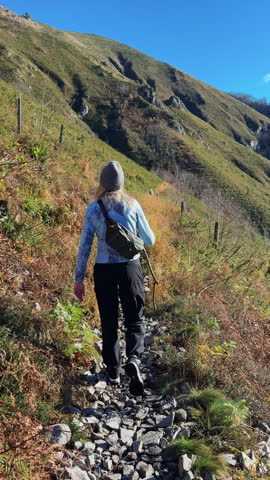 Following female hiker along scenic mountain trail in Picos de Europa Spain

Cinematic follow shot of a young woman hiking through spectacular mountain scenery near Cangas de Onís in Picos de Europa National Park surrounded by snowy peaks and autumn landscapes