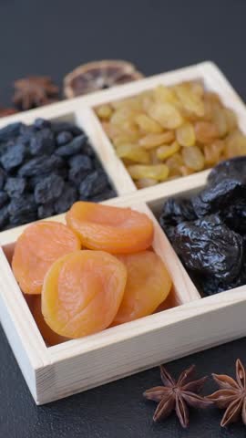 A variety of dried fruits, apricots, prunes, cranberries, raisins, figs, and dates for a healthy breakfast. A dried fruit mix