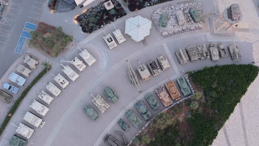 Aerial view of The Museum of the Jewish Soldier in WW2, Israel, displaying historic military vehicles, armored tanks, memorial exhibits, outdoor museum grounds and cultural heritage