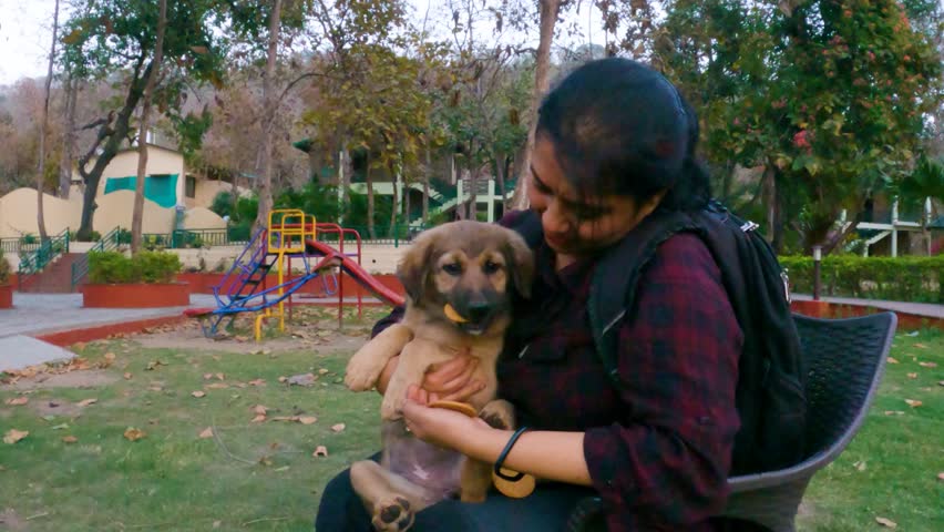 A young woman pets and feeds biscuits to a playful puppy on her lap in a lush green lawn, capturing a warm human-animal bond, affection, companionship, and outdoor lifestyle.