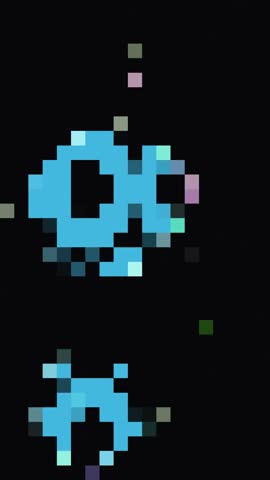 A retro pixelated alien invader animation moves across a black background with small pixelated dots.
