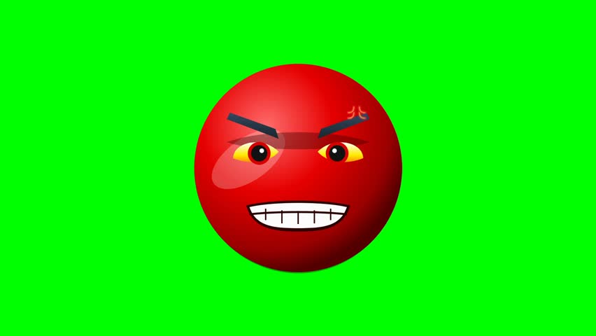 Red smiley face emoji with aggressive expression on green background