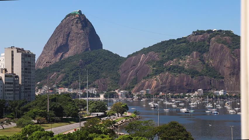 Sugarloaf Mountain and Botafogo Bay landscape under a clear blue sky in Rio