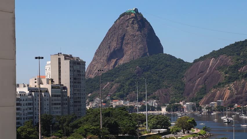 Sugarloaf Mountain and Botafogo Bay landscape under a clear blue sky in Rio