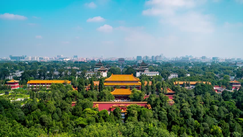 Daytime panoramic timelapse of the historic Forbidden City and its iconic Corner Tower in Beijing, China.