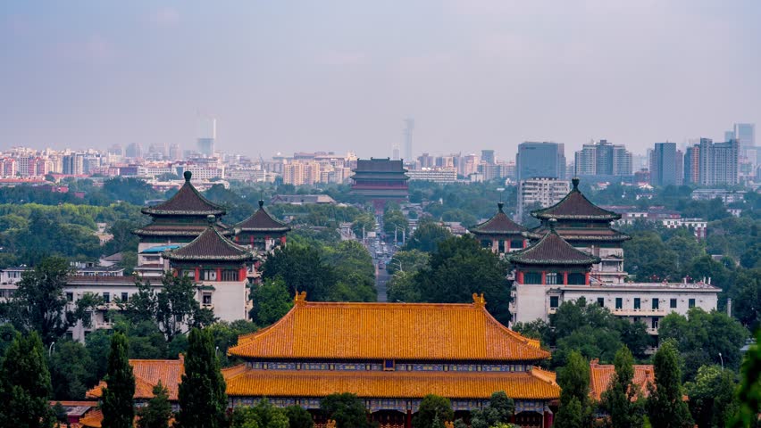 Daytime panoramic timelapse of the historic Forbidden City and its iconic Corner Tower in Beijing, China.