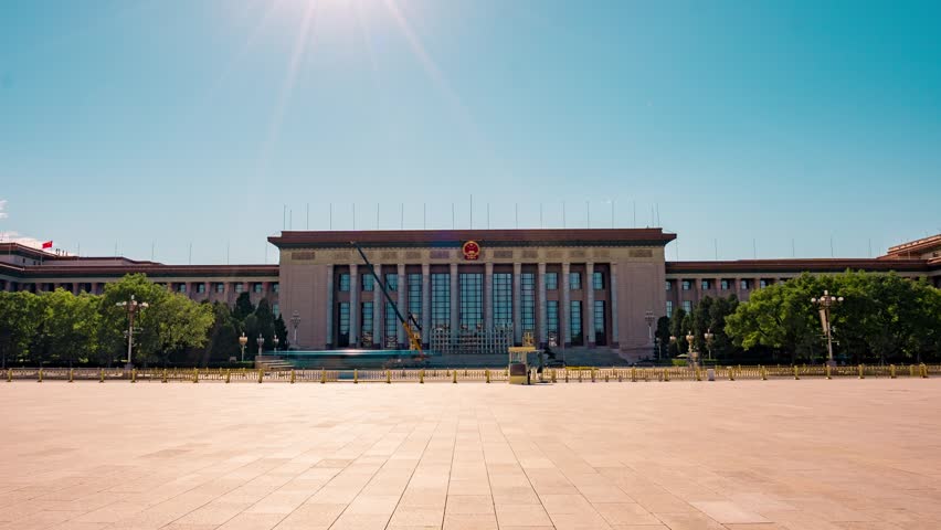 Daytime panoramic timelapse of the grand Great Hall of the People in Beijing, China.