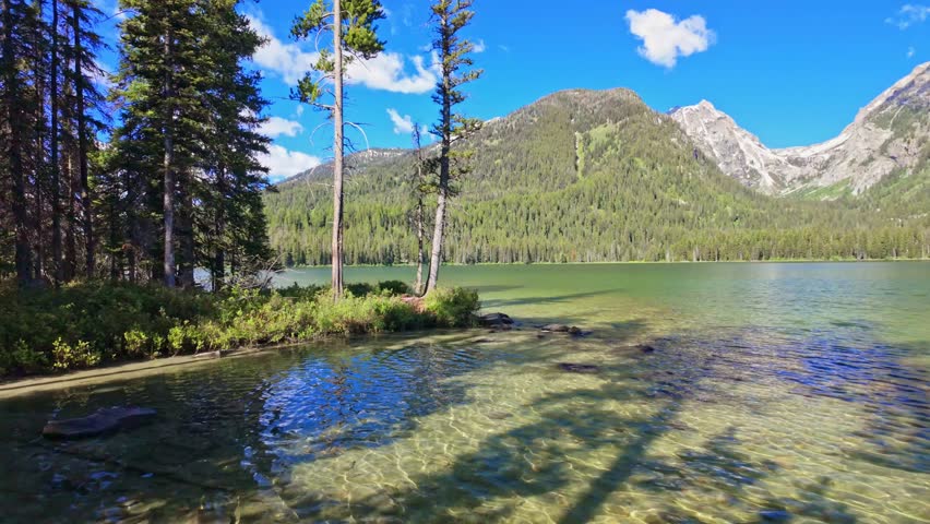 Crystal clear emerald waters of Taggart Lake surrounded by dense pine forest