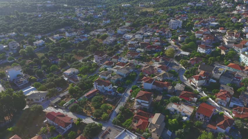 Aerial View of Perdika Greece Coastal Village Mediterranean Landscape