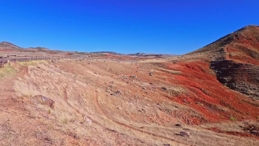 Scenic view of colorful eroded badlands and layered hills near Thermopolis Wyoming under a clear blue sky