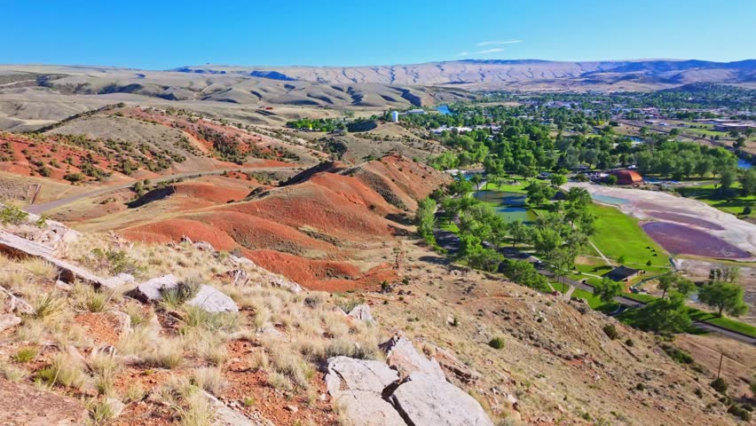 Panoramic aerial view of Hot Springs State Park in Thermopolis Wyoming with the Bighorn River flowing through the landscape