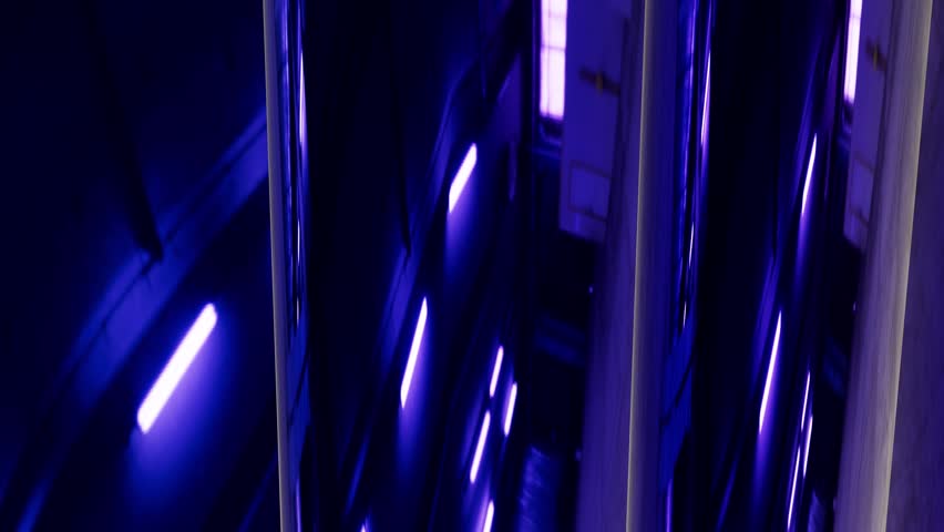 A dynamic sequence of abstract neon light trails moving through a dark, futuristic corridor with glowing blue and purple illumination.