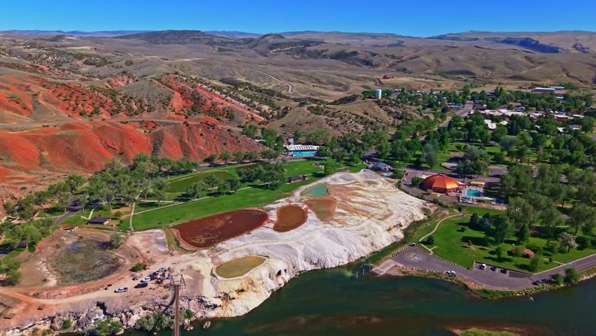 Panoramic aerial view of Hot Springs State Park in Thermopolis Wyoming with the Bighorn River flowing through the landscape