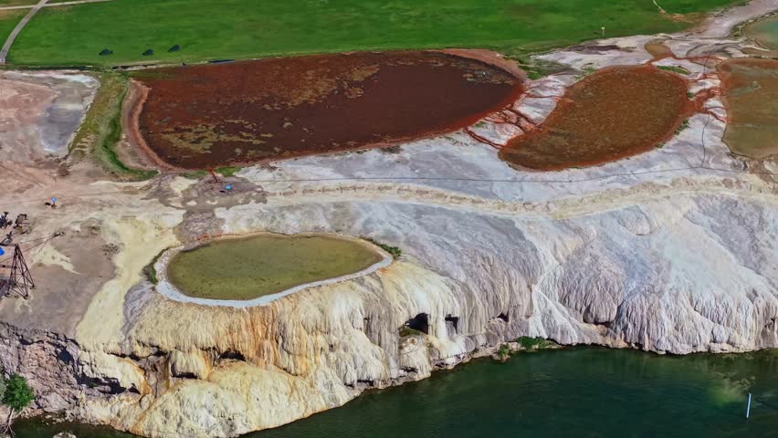 Aerial view of Hot Springs State Park and its thermal pools in Thermopolis Wyoming surrounded by the Bighorn River landscape