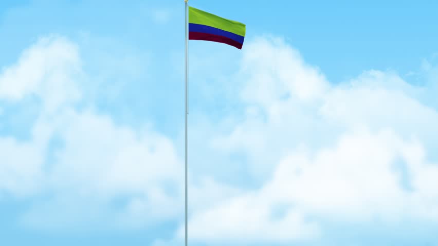 Colombia Flag Waving on Pole, Blue Sky