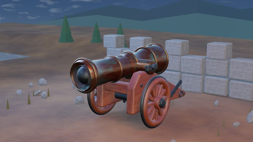 Old cannon fires a shot on a battlefield. Looped animation