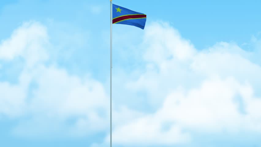 Democratic Republic of the Congo Flag Waving on Pole, Blue Sky