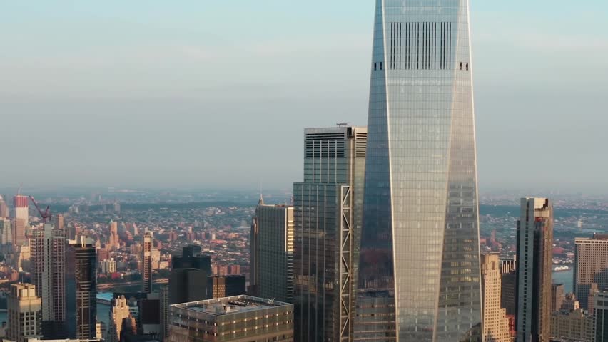Aerial View of One World Trade Center and Lower Manhattan Skyline New York City