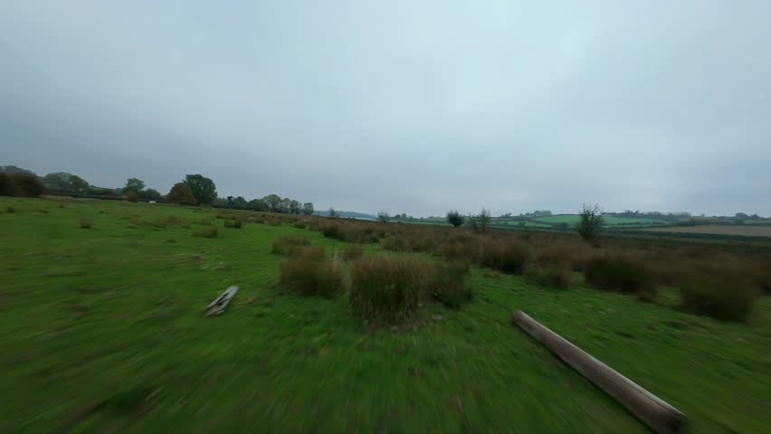 Low angle FPV drone point of view flying fast over a large lake with wild ducks taking off under gloomy autumn skies.