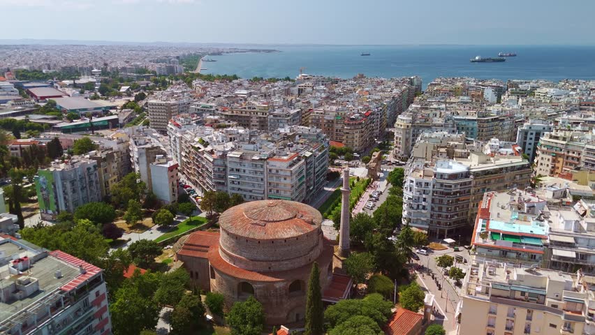 Panoramic aerial view of the Rotunda of Galerius with its minaret overlooking the city towards the sea in Thessaloniki, Greece