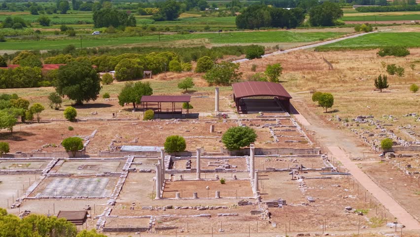 Archaeological site of Pella showing ancient marble columns and mosaic floors of the former capital of the Kingdom of Macedon, Greece