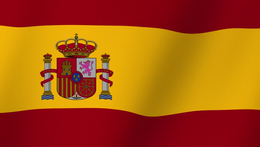 Waving Spanish Flag with Coat of Arms Detailed Emblem and Golden Yellow and Red Stripes
