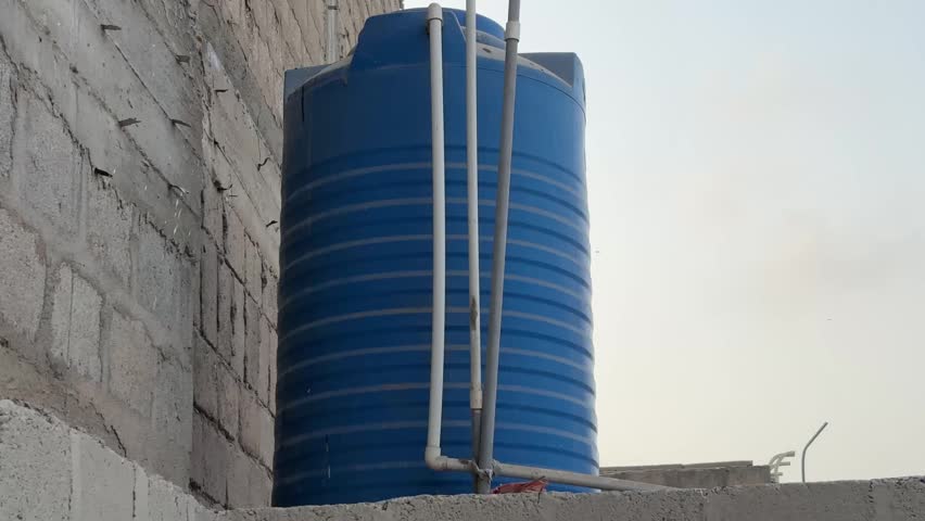 Blue Plastic Water Tank Closeup View