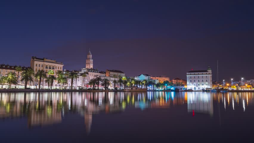 Split, Croatia city skyline with the Riva on the Adriatic Sea at blue hour.