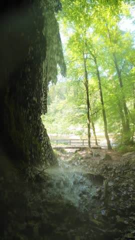 Small natural waterfalls flowing over moss-covered rocks in a lush green forest on a sunny summer day. Peaceful woodland scenery with fresh water and vibrant foliage.