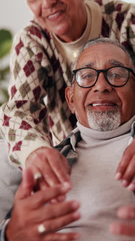 Laugh, hug and face of senior couple in home with bonding, love and connection in marriage. Happy, portrait and elderly woman embracing man in living room with trust, comfort or commitment in house.