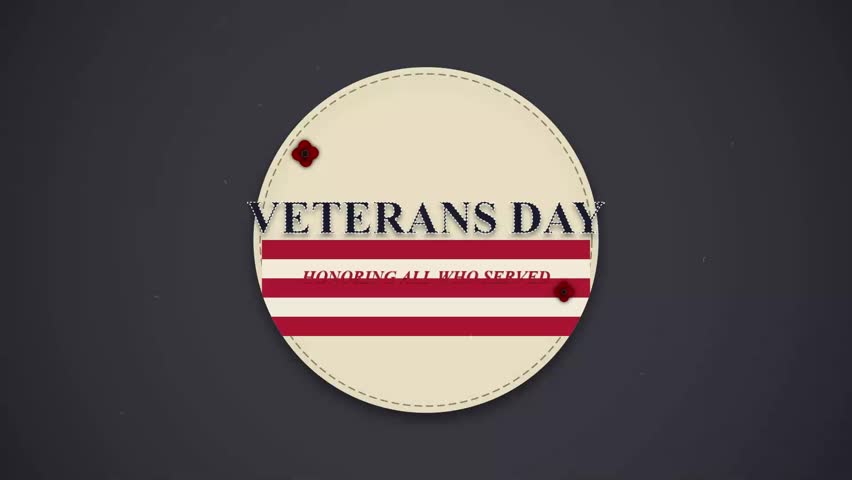 Veterans Day graphic with American flag stripes and red poppy flowers