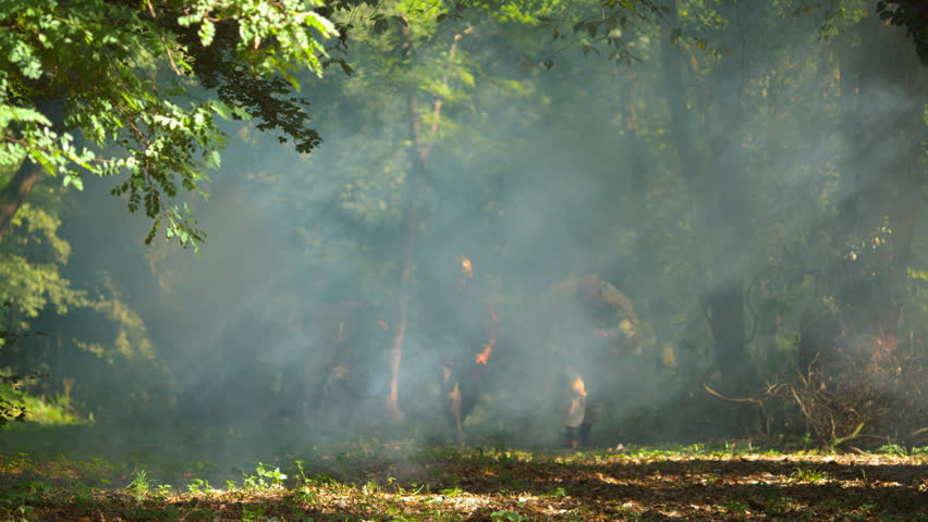 Dacian warriors advance through a misty, smoke-filled woodland clearing.