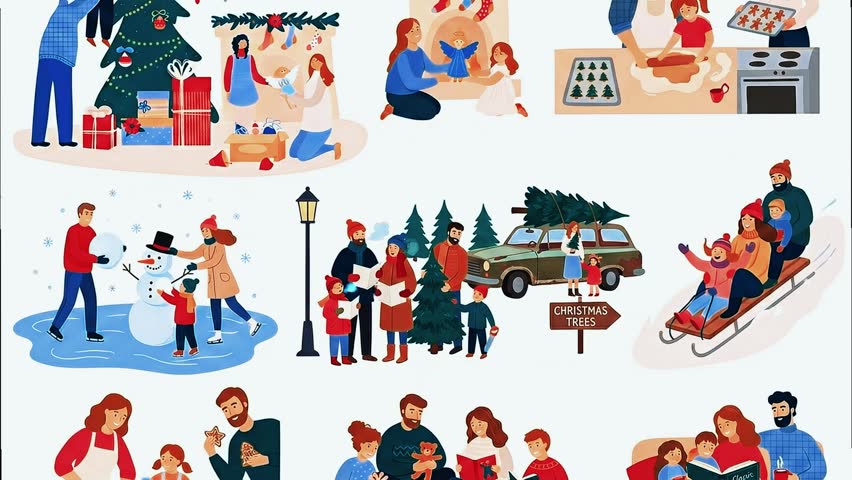 Joyful families enjoy Christmas traditions like decorating tree, baking cookies, building snowman, choosing tree, sleigh rides, reading stories.