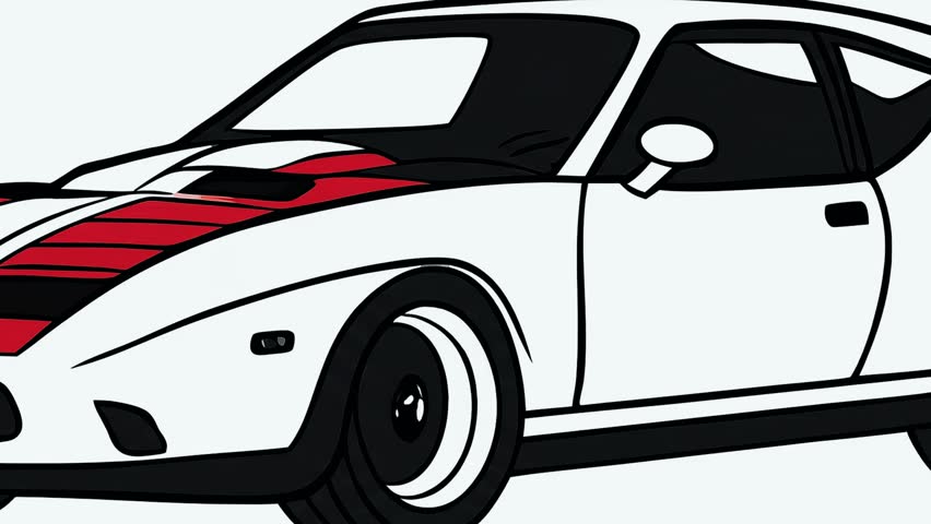 Illustration of a white sports car with red stripes on a road